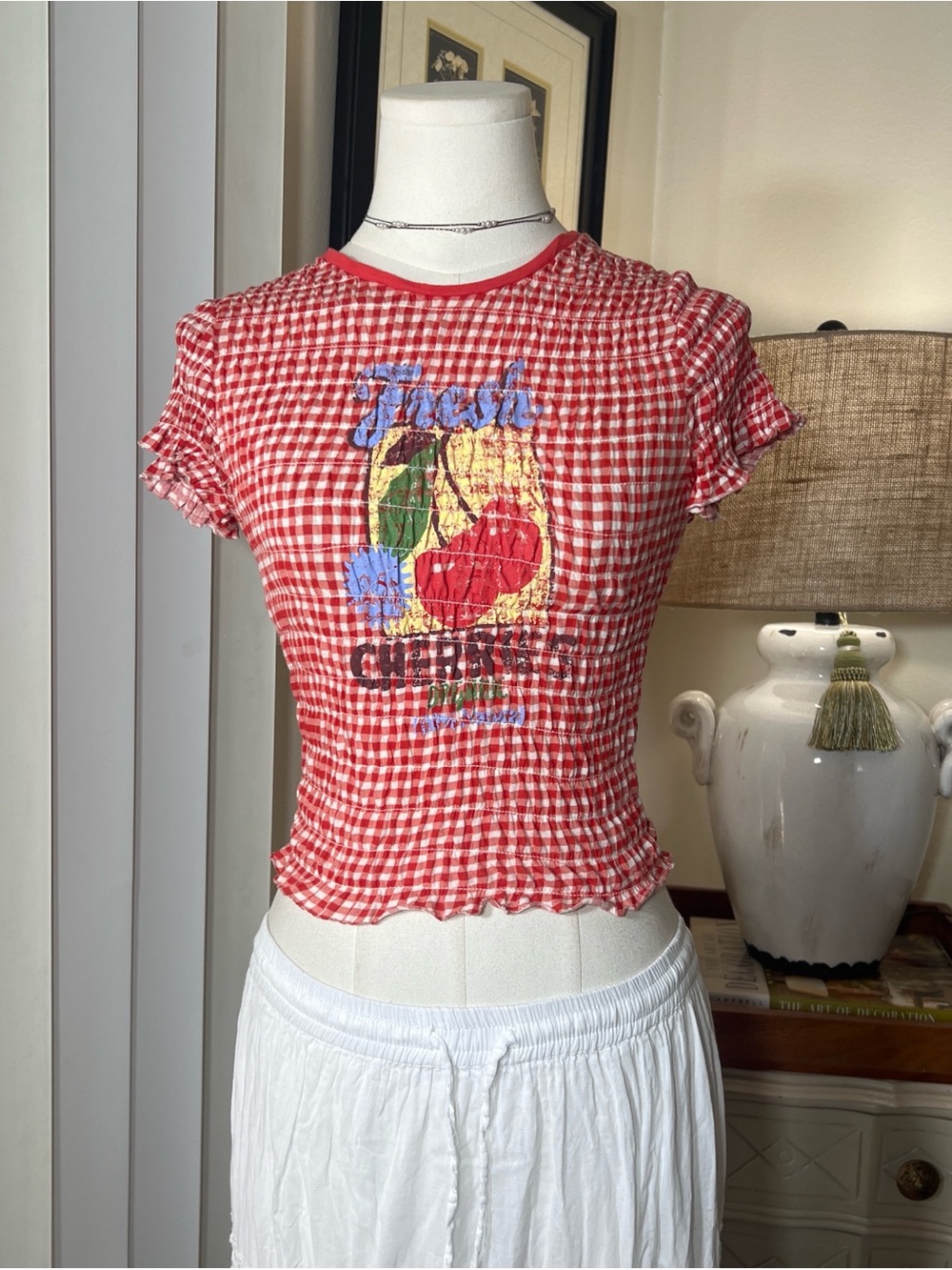 Kimchi Blue Red Gingham Ruffle Crop Top with Graphic